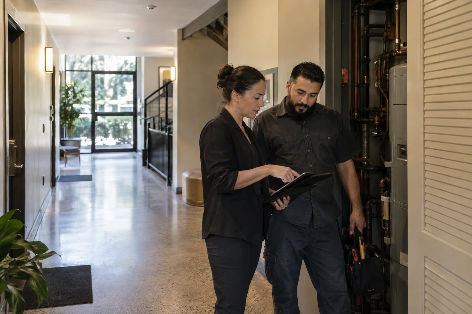 Property manager walking through a well-kept residential building with natural light