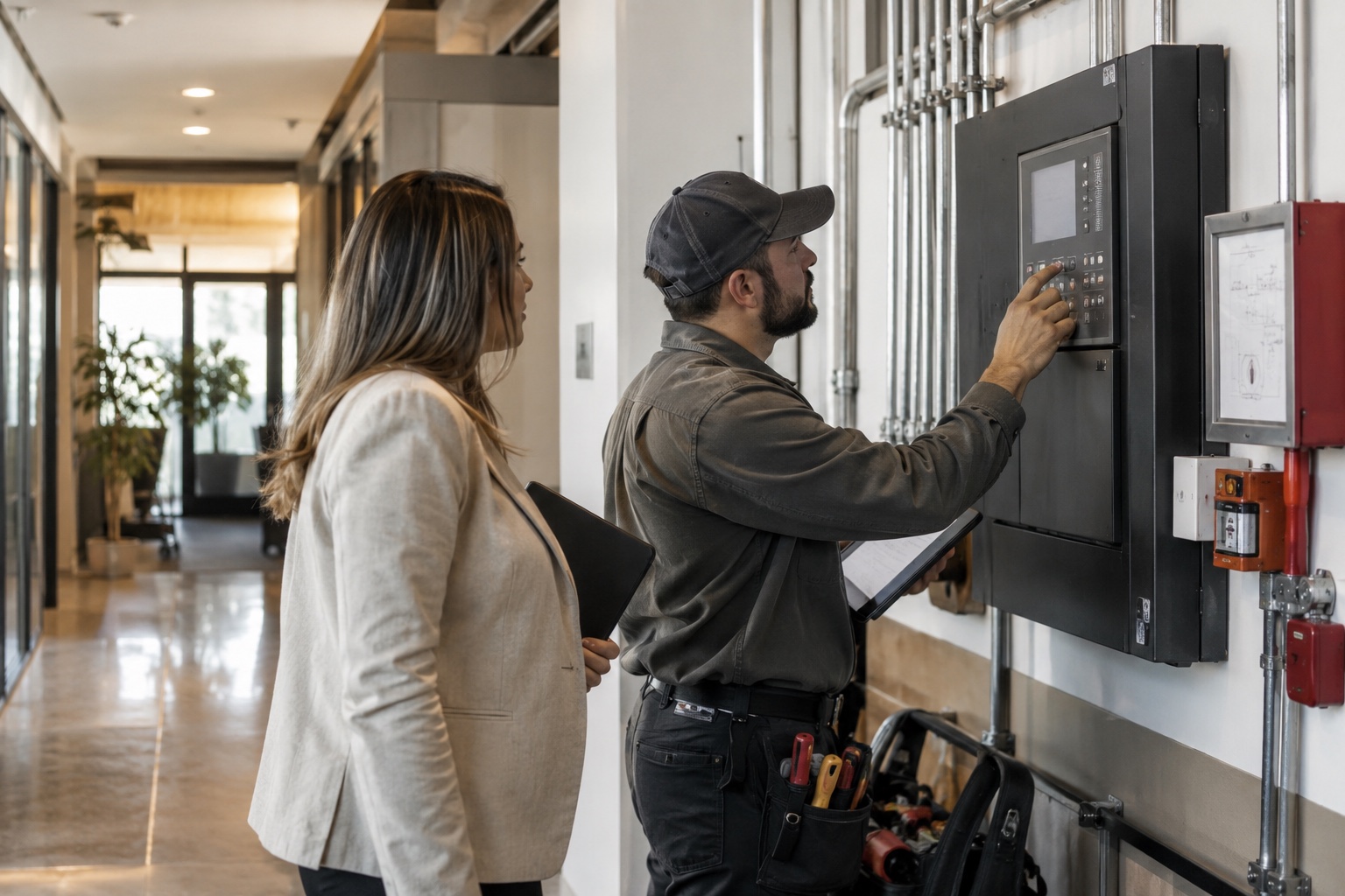 Technician reviewing a building fire safety panel with a property representative